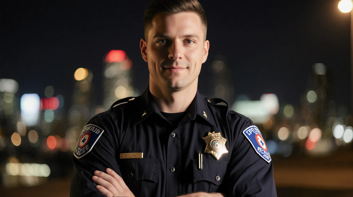 Eric Winter as Tim Bradford stands confidently with crossed arms and police uniform against blurred city lights
