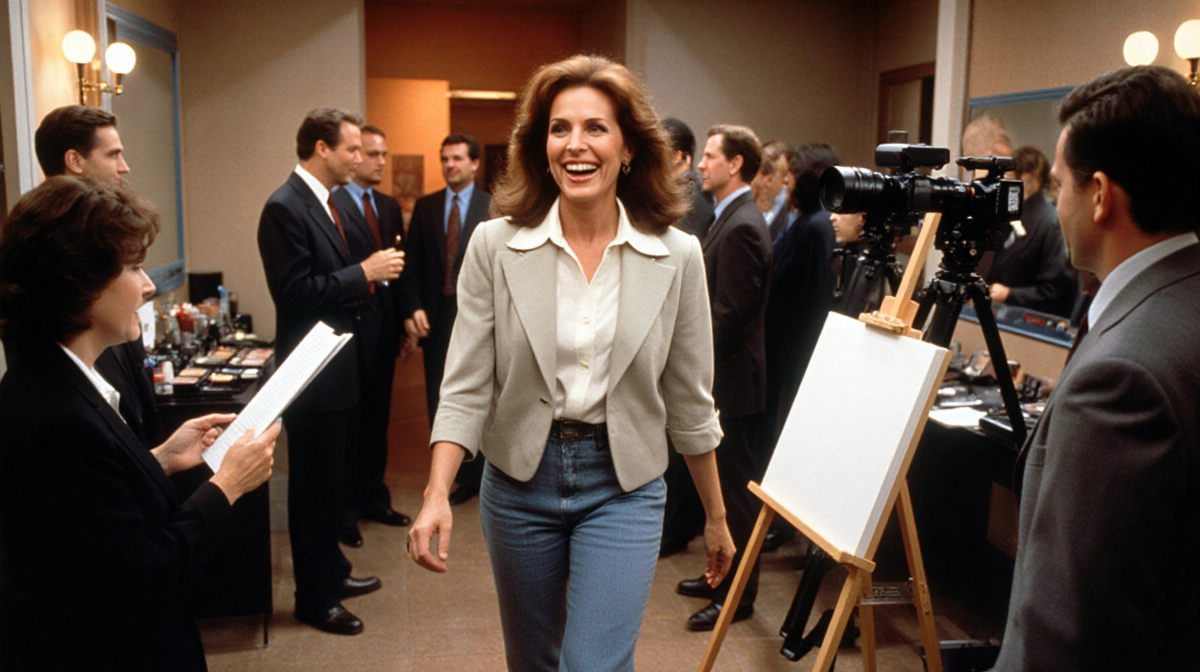 Susan Lucci as Erica Kane entering soap opera studio with scripts and cameras showing her excitement