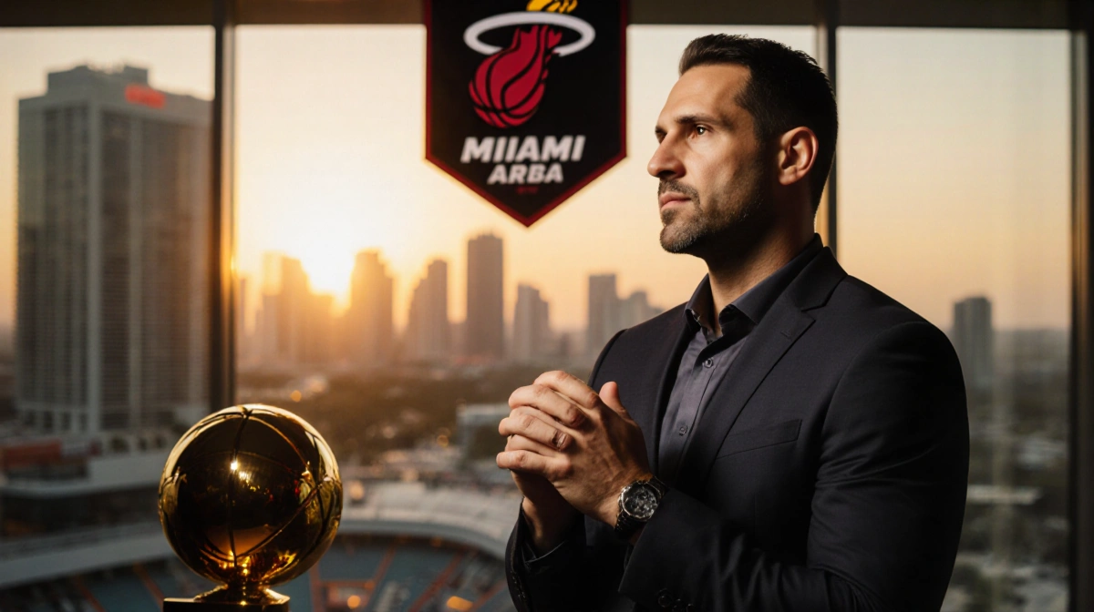 Erik Spoelstra stands confidently with hands clasped in front of Miami Heat championship banner and sunset skyline