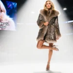 Erin Andrews strikes a confident pose in a sparkly fur coat with stadium lights glowing and a giant Cruella de Vil meme on sc