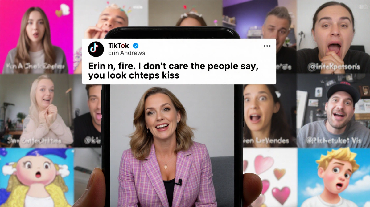 Erin Andrews appears in a TikTok video on a phone screen with a playful comment about her outfit and blurred reactions behind