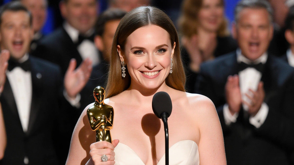 Erin Doherty holds Golden Globe award with censored word near microphone and cheering crowd behind