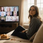 Erin Napier sits thoughtfully on couch with half-eaten pancakes and HGTV episodes playing behind her