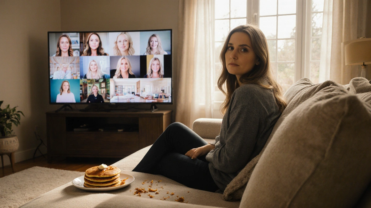 Erin Napier sits thoughtfully on couch with half-eaten pancakes and HGTV episodes playing behind her