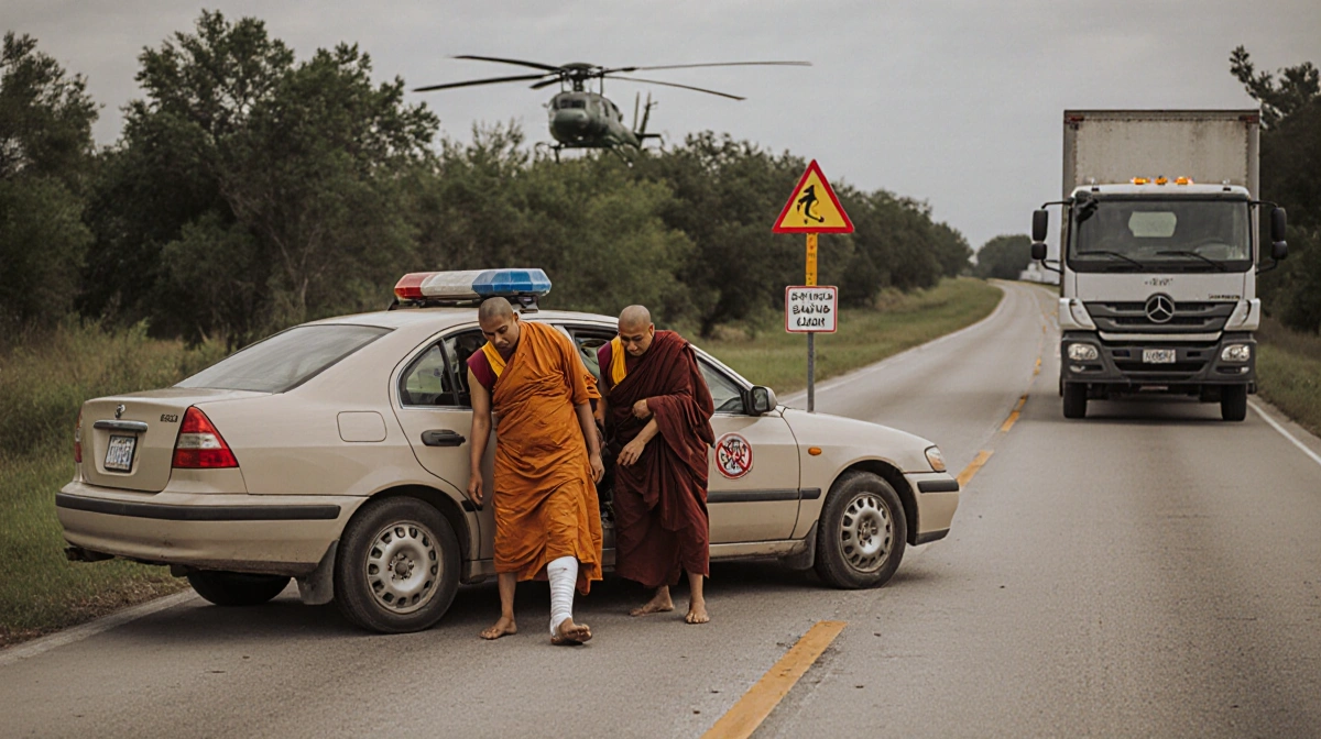 The escort vehicle stops on a rural road near Houston with two monks inside after being pushed by a truck and helicopter blad