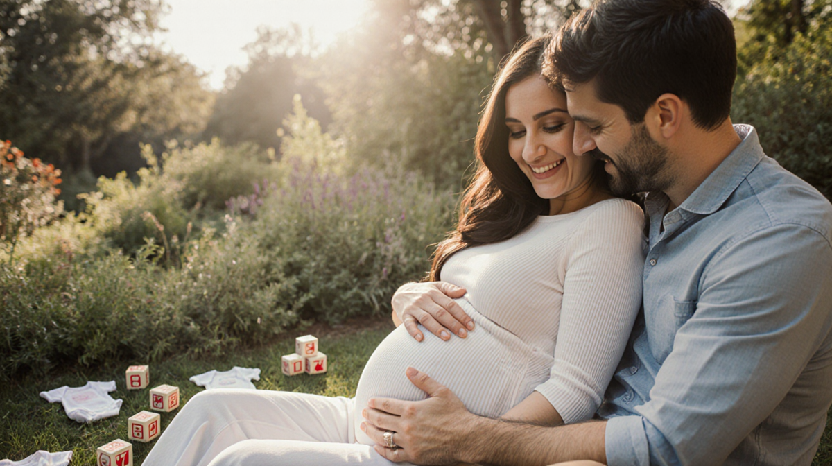 Mario gently places hand on Esmeralda's baby bump with soft garden light and baby blocks nearby.
