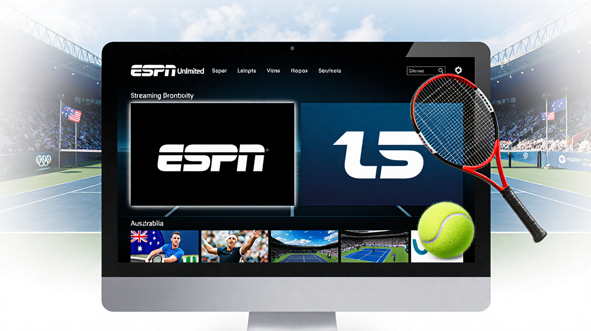 Computer screen showing ESPN Unlimited tiers with tennis racket corner and Australian flag background