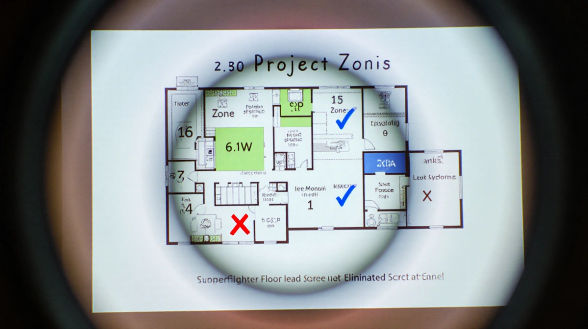 Floor plan appears on screen with red X marking eliminated zone and blue check indicating winning area