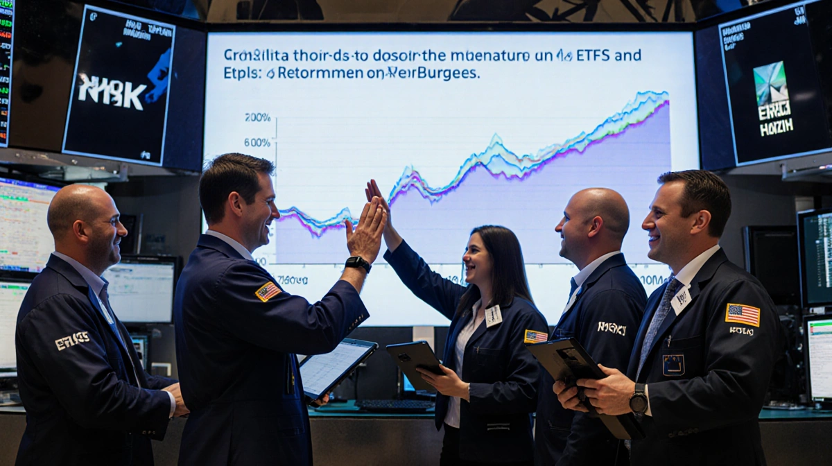 Traders celebrate on busy floor with ETF momentum graph and high-fives showing market growth