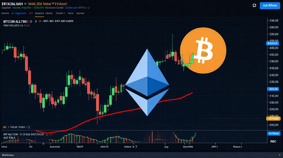 Ethereum price chart compressing against Bitcoin on trading screen with ETH symbol in light blue above red moving average lin