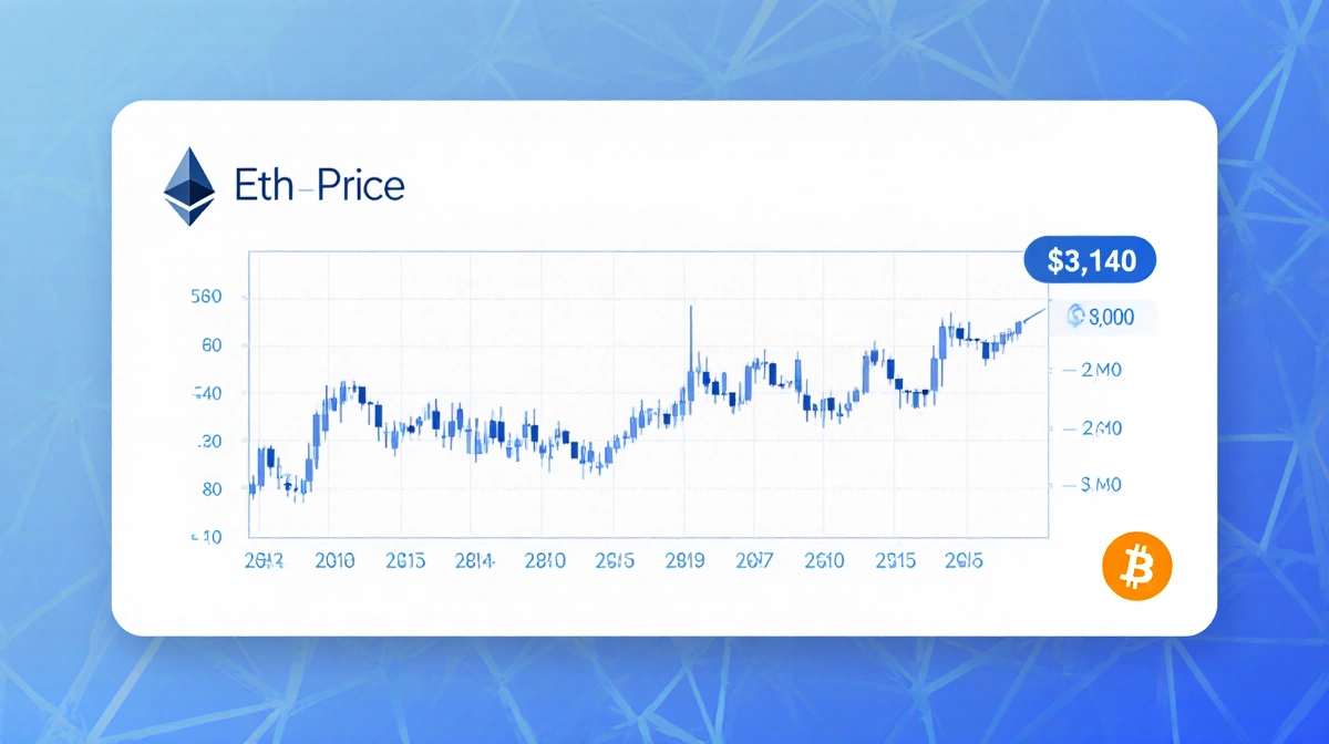Daily candlestick chart showing ETH price rising to 3140 with BTC icon in corner and soft blue gradient background