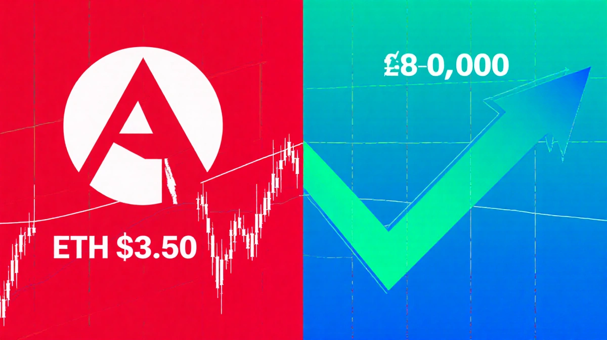 Stylized ETH price chart showing red resistance hurdle at $3,350 and blue-green support zone at $3,800 with rising arrow