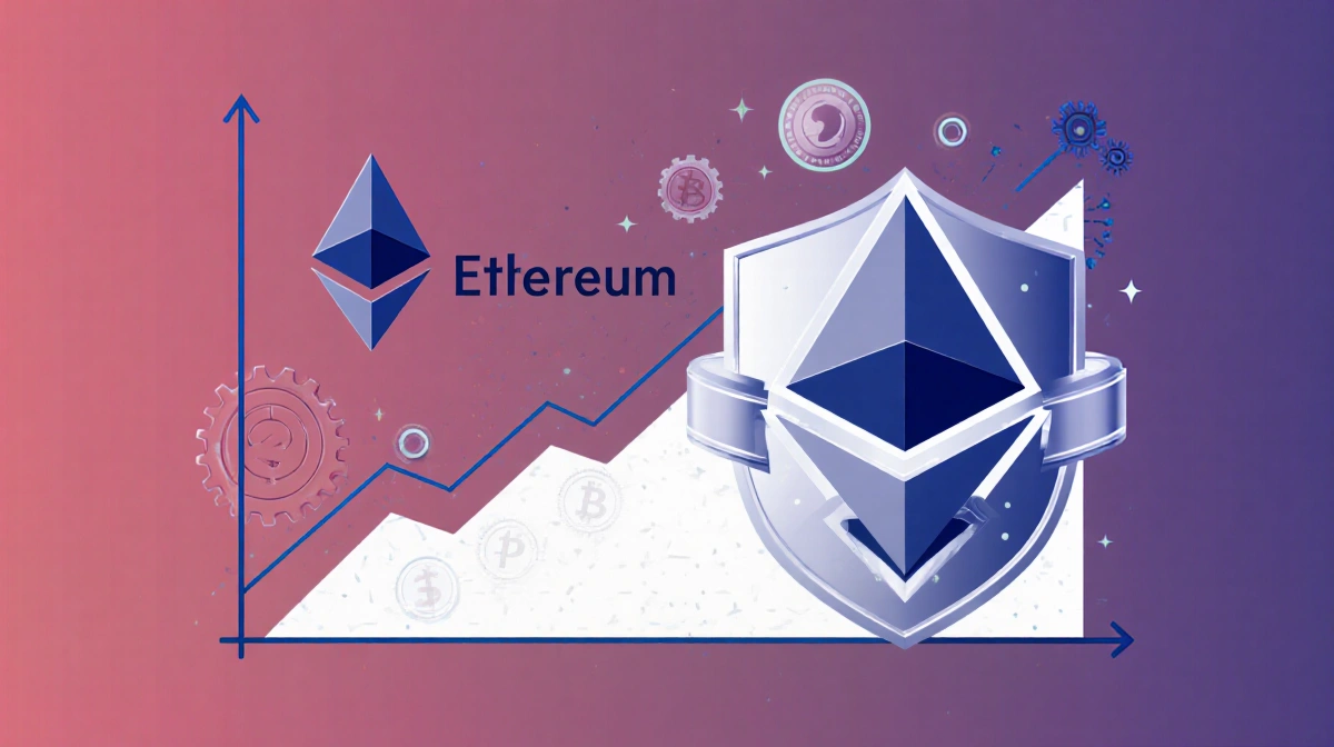 Rising graph shows 36 million ETH staked with Ethereum logo and protective shields showing validator security