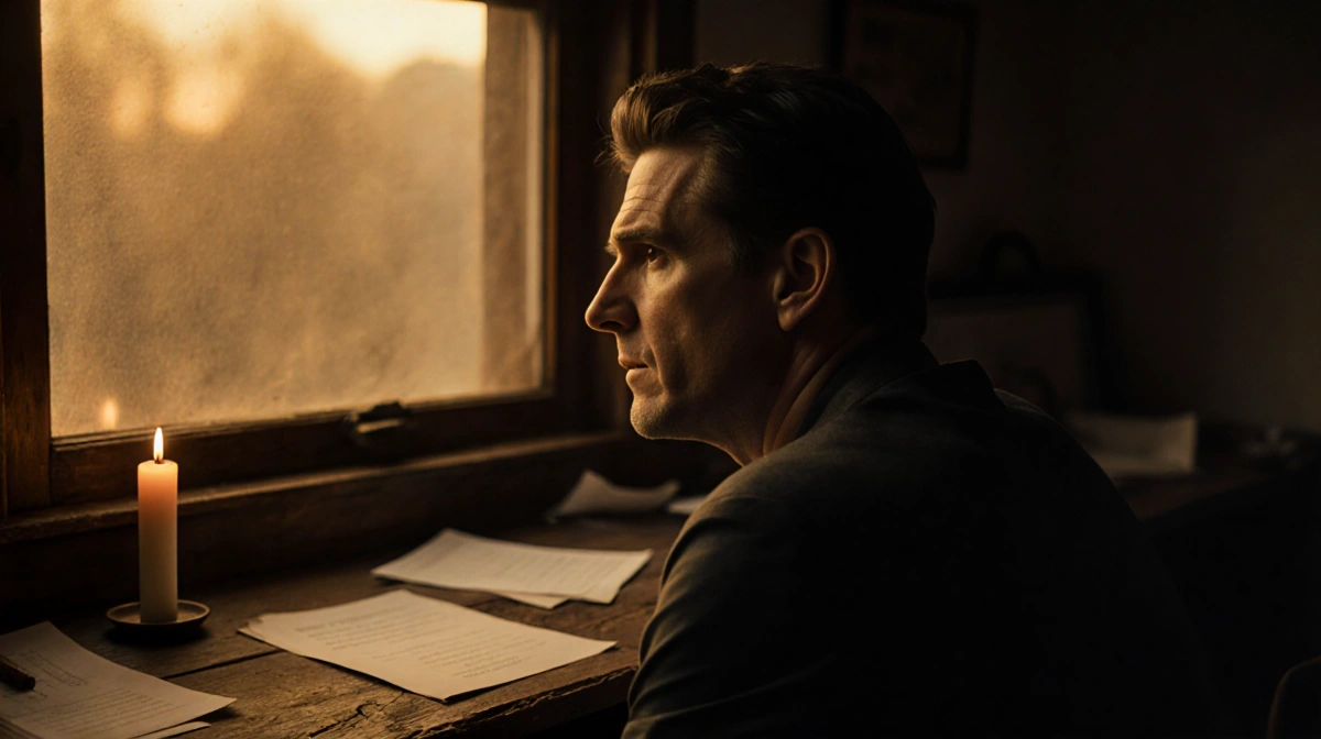 Ethan Hawke gazes out window with golden sunset on his face and flickering candle on worn desk