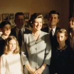 Ethel Kennedy smiles warmly with her eleven children gathered around her in sunlit room