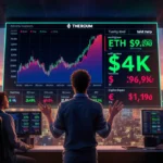 Trader celebrating as Ethereum breaks $4K resistance with price charts glowing on multiple screens
