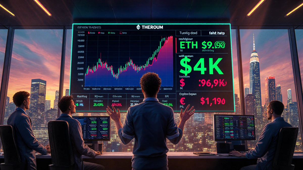 Trader celebrating as Ethereum breaks $4K resistance with price charts glowing on multiple screens