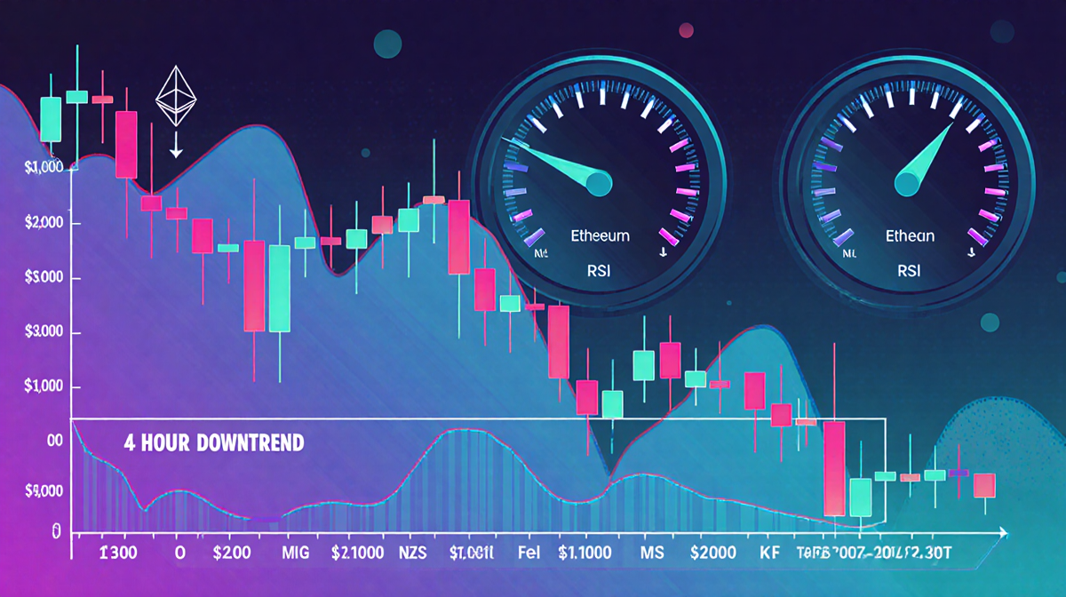 Ethereum cryptocurrency chart bearish with lower highs and lows after breaking support near $3,000 and showing RSI gauges in