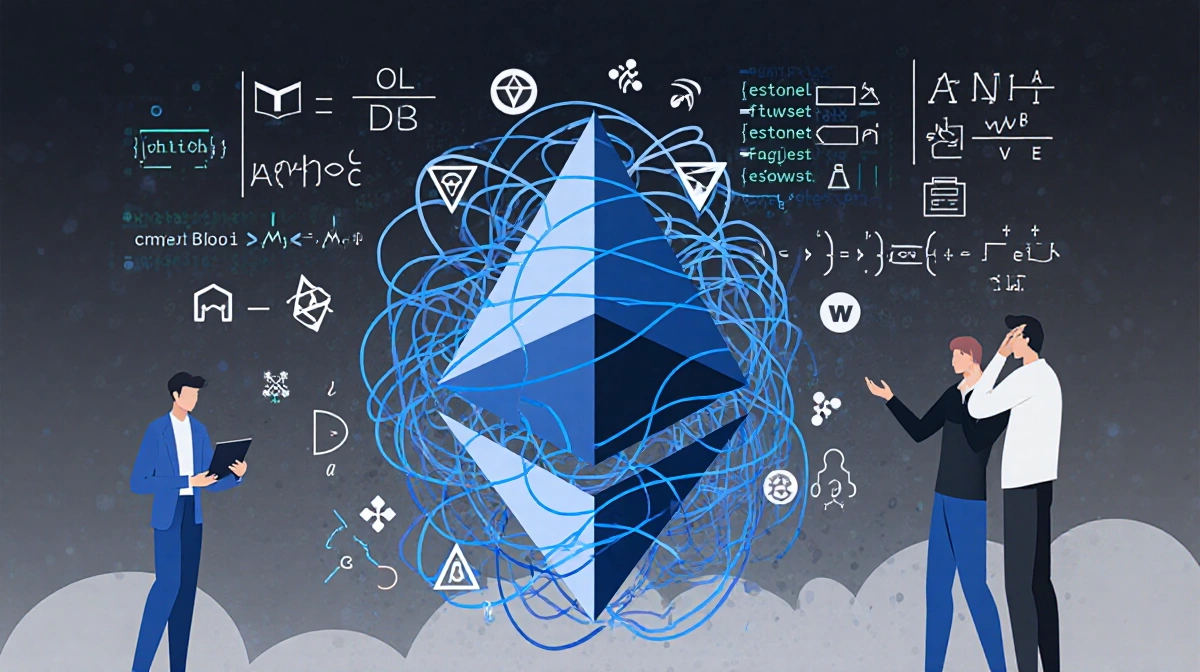 Developers untangling dense web of Ethereum code with cryptic symbols and equations in dark blue tones