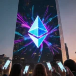 Diverse crowd watches glowing Ethereum blockchain projection on skyscraper with phones held high and neon city lights