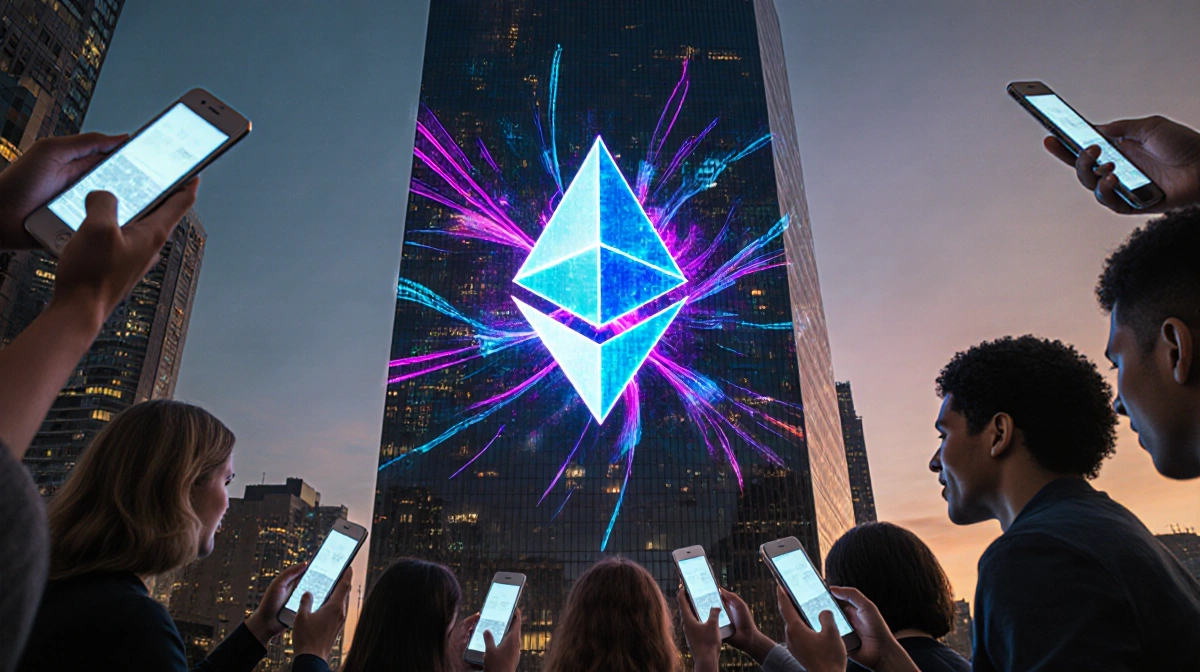 Diverse crowd watches glowing Ethereum blockchain projection on skyscraper with phones held high and neon city lights