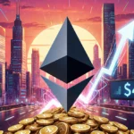 Ethereum node towers over futuristic city with price ticker showing $4K surge and neon lights glowing at sunset