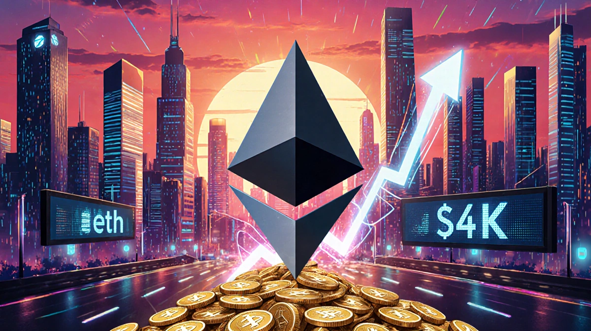 Ethereum node towers over futuristic city with price ticker showing $4K surge and neon lights glowing at sunset