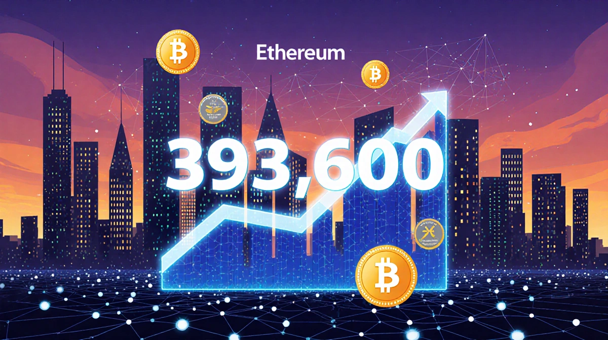 Cityscape glows with Ethereum blockchain nodes and a chart showing 393,600 new addresses with stablecoin tokens nearby