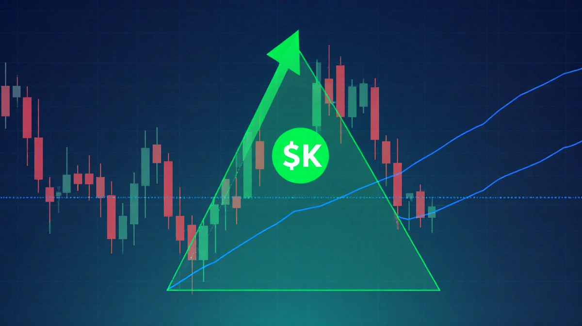 A symmetrical triangle breakout on a candlestick chart showing a green arrow above $3.5K with faint blue support line at $2.7