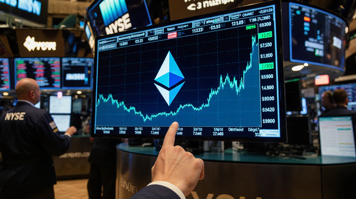 Trader touches Ethereum price chart on large screen with trading floor and NYSE lights behind