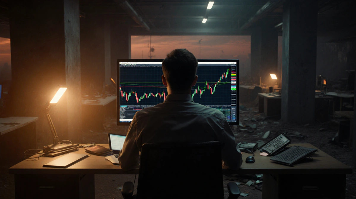 Trader watching Ethereum price drop below $3000 with broken monitors scattered across empty trading floor