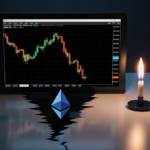 Candlestick flame burns bright with Ethereum chart and dark drop‑off on trader desk