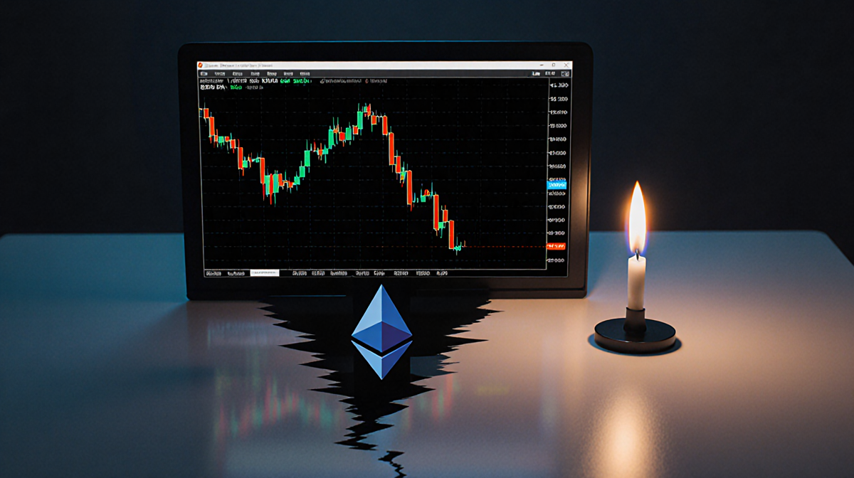 Candlestick flame burns bright with Ethereum chart and dark drop‑off on trader desk