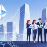 Professionals stand together holding tablets with futuristic city skyline and Ethereum blockchain pattern in background.