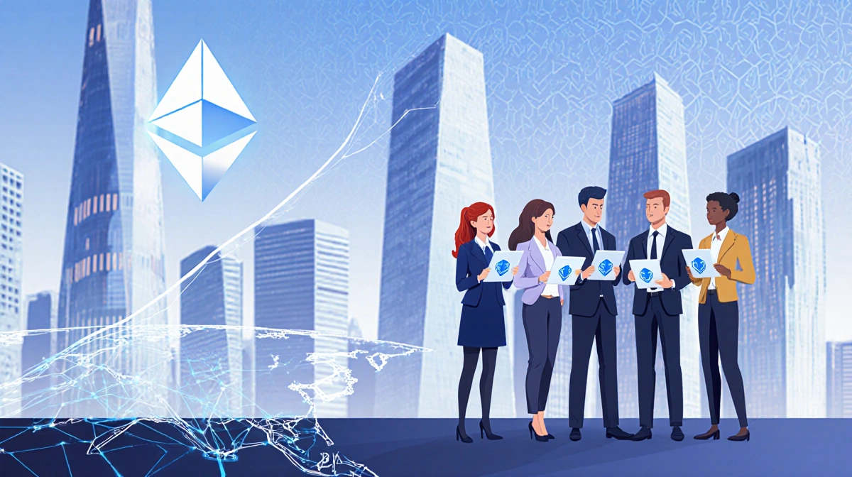 Professionals stand together holding tablets with futuristic city skyline and Ethereum blockchain pattern in background.