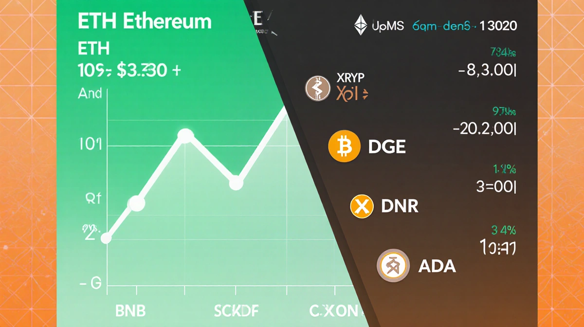 Ethereum price chart rising 1% above $3,350 with green gradient while BNB and altcoins trade lower with orange tint and grid 