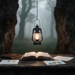Lantern glows between gnarled trees with open book and scattered charts on weathered desk