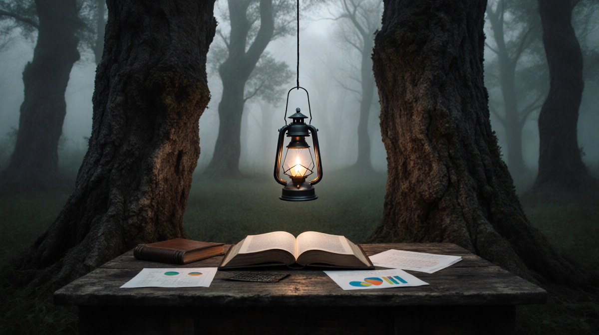 Lantern glows between gnarled trees with open book and scattered charts on weathered desk