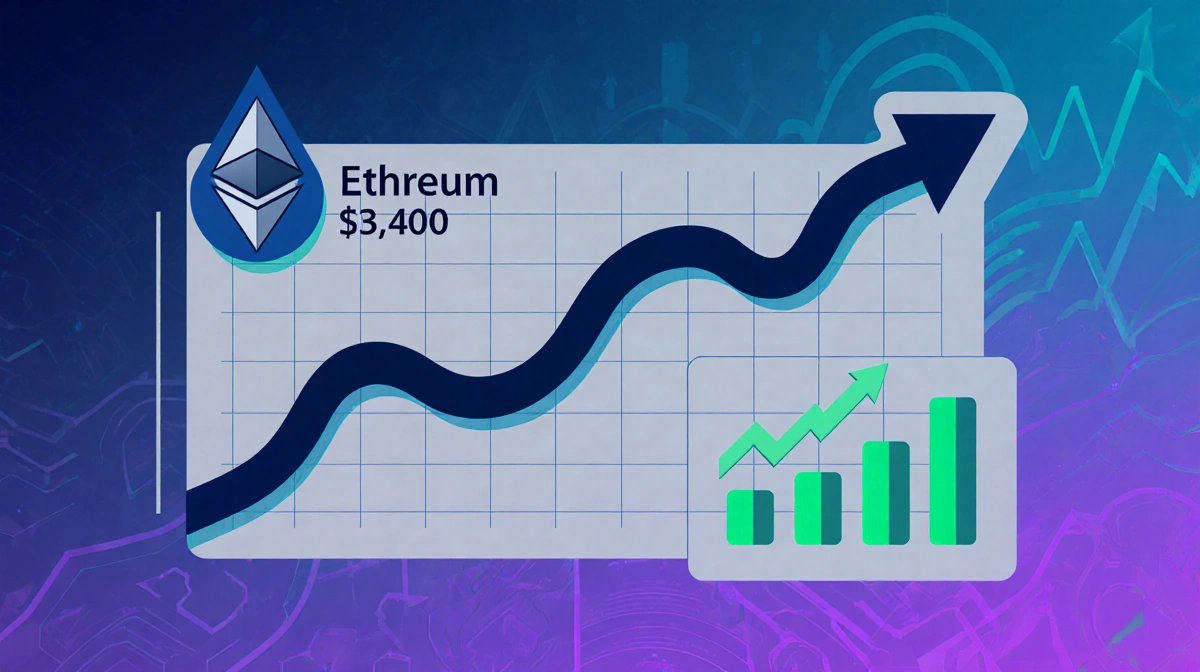 Ethereum price chart shows blue wavy line at 3400 with green ascending arrows and purple gradient background