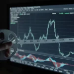 Ethereum price chart glows on dim screen with metallic handle reaching toward 3.3K resistance band