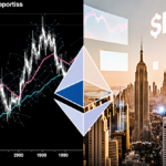 Split-screen Ethereum charts contrast chaotic and steady trends with neon city backdrop