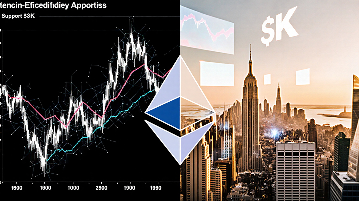 Split-screen Ethereum charts contrast chaotic and steady trends with neon city backdrop