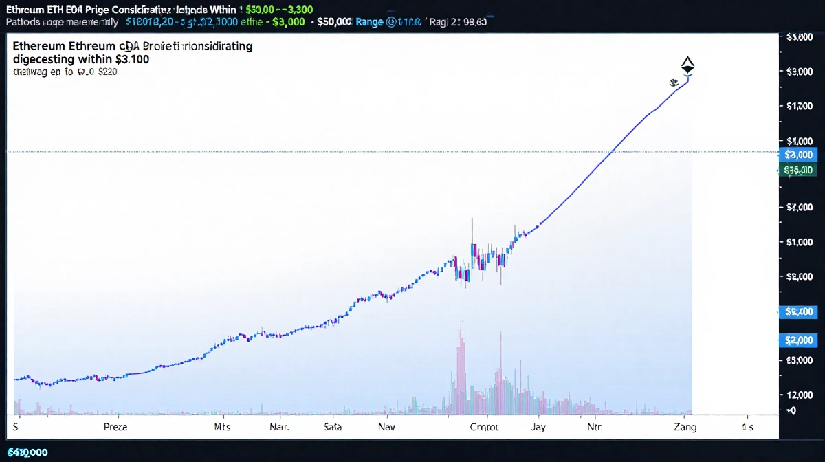 Ethereum price chart consolidating between $3000 and $3100 with descending trendline halted above and gradient effect showing