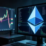 Ethereum logo glows on trading floor screens with rising candlesticks showing upward momentum