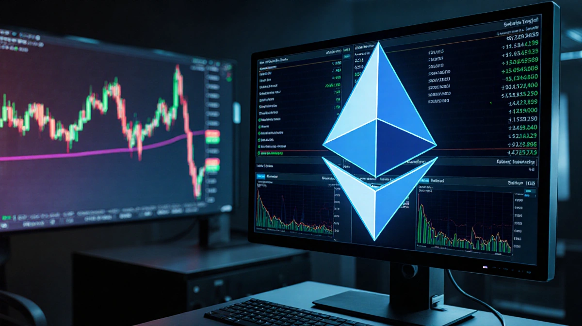 Ethereum logo glows on trading floor screens with rising candlesticks showing upward momentum