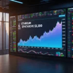Traders celebrate as Ethereum price surges past 3200 on glowing screens with city skyline behind