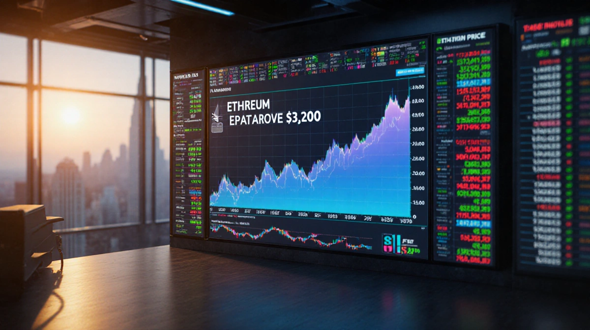 Traders celebrate as Ethereum price surges past 3200 on glowing screens with city skyline behind