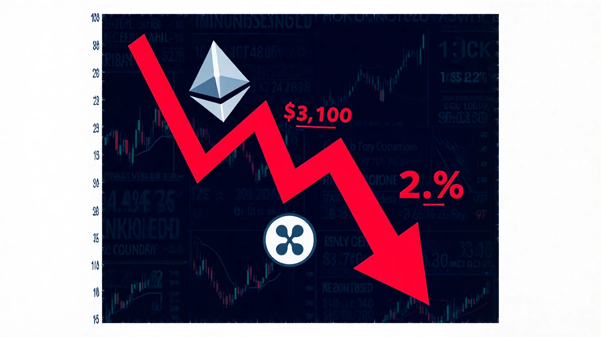 Red candlestick chart showing Ethereum and XRP prices falling with cryptocurrency trading headlines in background