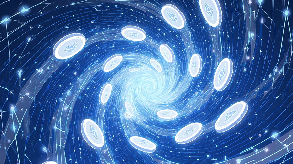 Swirling stablecoins glow in spiral vortex with abstract blockchain lines showing Ethereum transaction processing