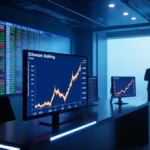 Ethereum staking traders monitor rising value screens with blue tech gradient and excited team conversation